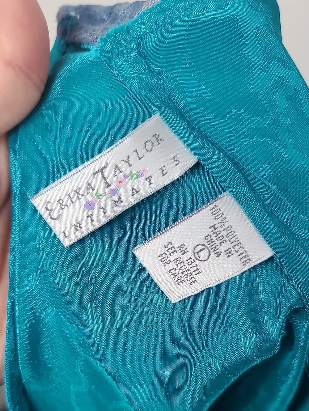 Vintage Erika Taylor Teal Silky Jacquard Lace V-Neckline Spaghetti Strap Slip L - Picture 12 of 12